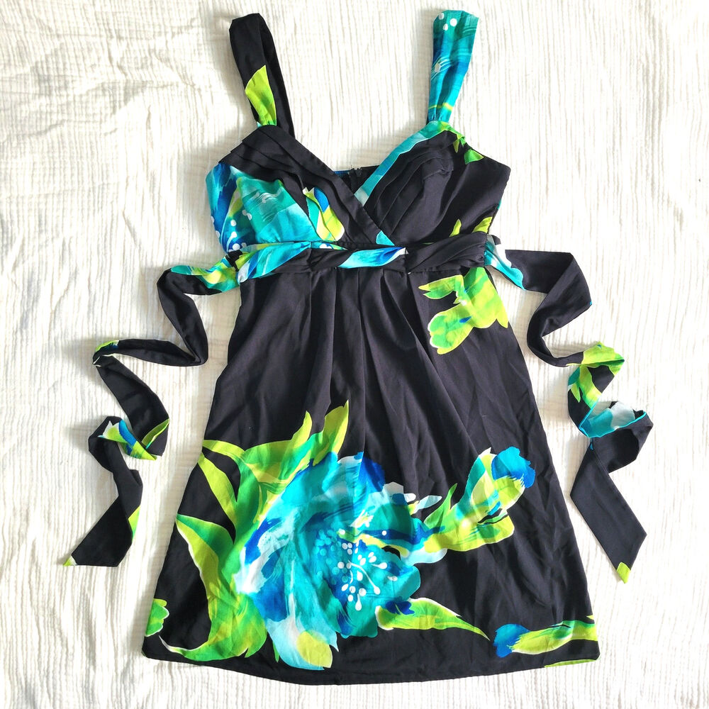 Vintage Y2K Roulette Sz 8 Midi Floral Babydoll Dress Black Green Blue Sleeveless
